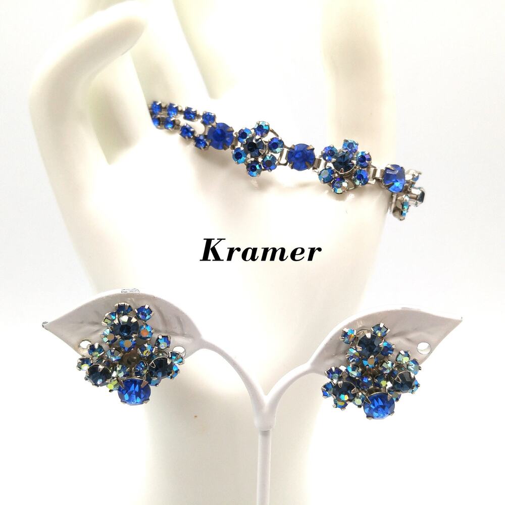 Vintage Kramer Blue AB Rhinestone Bracelet Earring Set Silver Tone